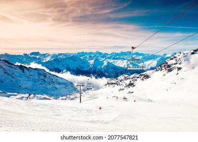 Ski resort in winter Alps mountains, France. View of ski slopes and ski lift. Val Thorens, France. Winter landscape