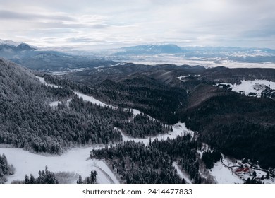 Ski slope in aerial view. Aerial view snowy pines in the mountains. Amazing nature scenery in winter mountain.