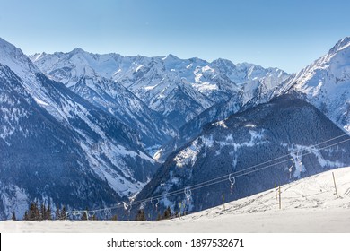 Ski Slope With No People. Empty Drag Lifts On Snowy Mountain - Closed Ski Field No People