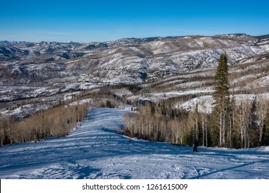 The Ski Slopes Of Steamboat Springs, In The Rocky Mountains Of Colorado, Lined By Pine And Aspen Trees. 