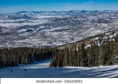 The Ski Slopes Of Steamboat Springs, In The Rocky Mountains Of Colorado, Lined By Pine And Aspen Trees. 