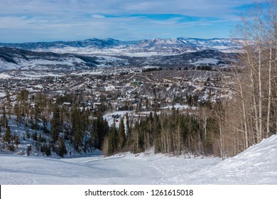 The Ski Slopes Of Steamboat Springs, In The Rocky Mountains Of Colorado, Lined By Pine And Aspen Trees. 