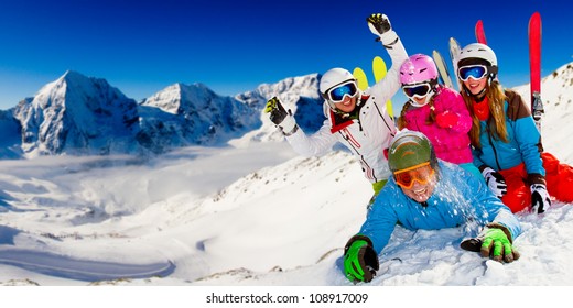 Ski, Snow Sun And Fun - Happy Family On Ski Holiday