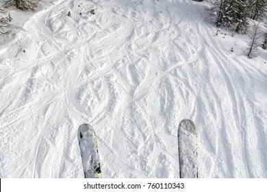 Ski And Snowboard Free Ride Tracks In Fresh Powder Snow. POV