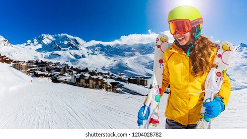 Ski teenager sport having fun on winter vacation on the slope, Val Thorens, 3 Valleys, France.