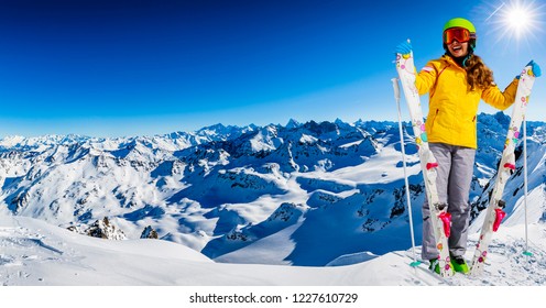 Ski Teenager Sporty Girl Having Fun On Winter Vacation On The Slope, 4 Valleys, Mt Fort, Verbier, Switzerland