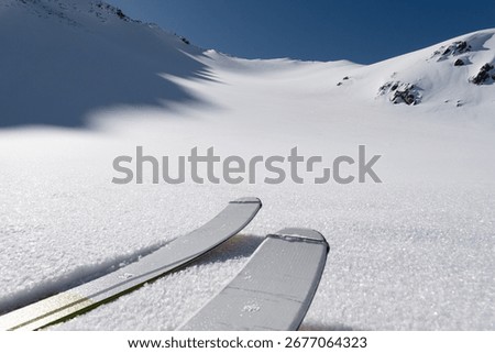Ski tips of a single ski tourer climbing toward a snow covered mountain ridge in the backcountry in the French Alps