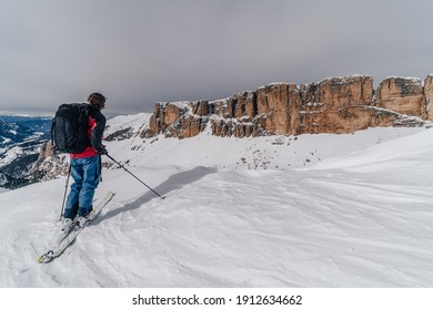 Ski touring in Dolomites, Italy. Skialpinism, touring on skis in winter wonderland of South Tyrol, Dolomites, Italy. Alto Adige, Gardena Pass.
