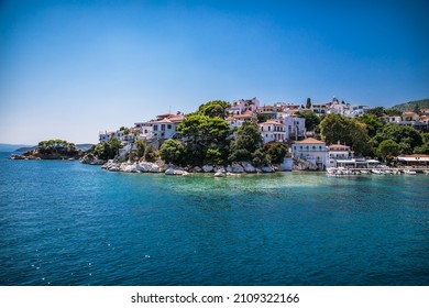 Skiathos, Greece- Avg 10, 2019. Panoramic view of Skiathos town on Skiathos Island ,Greece.