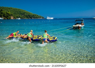 Skiathos, Greece- Avg 10, 2019. Water sports at f Koukounaries beach on  Skiathos Island , Greece.