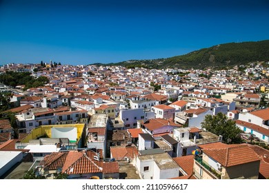 Skiathos, Greece- Avg 10, 2019. Panoramic view on traditional house  in Skiathos Town, Greece. Europe.