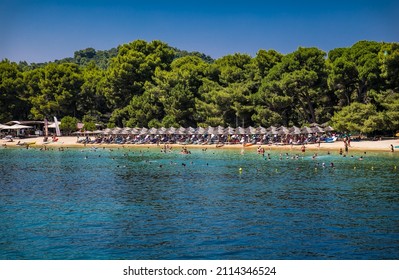 Skiathos, Greece- Avg 10, 2019. Panoramic view of Koukounaries beach on  Skiathos Island , Greece.