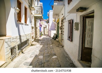 Skiathos, Greece- Avg 10, 2019. Street with  traditional house  in Skiathos Town, Greece. Europe.