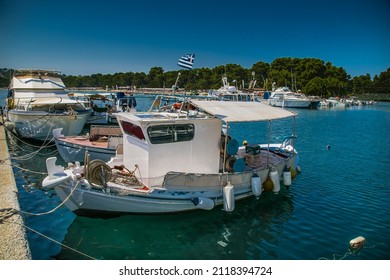 Skiathos, Greece- Avg 10, 2019. Marina at Koukounaries beach on  Skiathos Island , Greece.