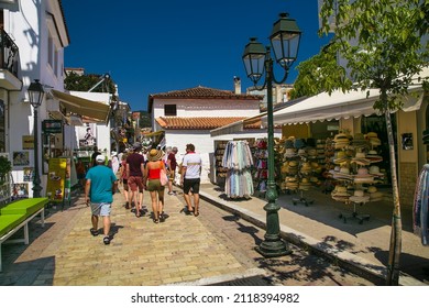 Skiathos, Greece- Avg 10, 2019. Traditional house and street , Skiathos Town, Greece. Europe.