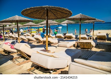 Skiathos, Greece- Avg 10, 2019. People are on vacation at  Koukounaries beach,  Skiathos Island , Greece.