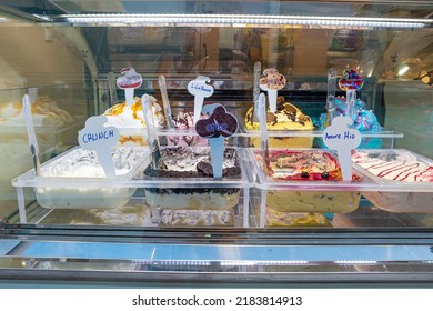 Skiathos, Greece - June 2020: Ice Cream Shop Front Store Many Flavors And Colors In Skiathos Island, Greece