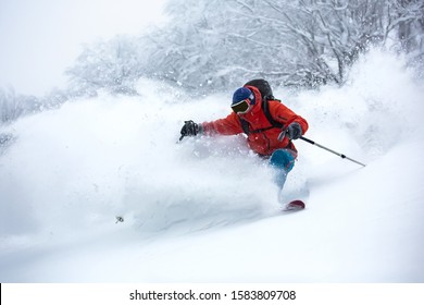 A Skier Is In The Deep Snow. Good Powder Day. Funny Skiing.Beautiful Snowy Forest.