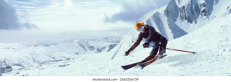 Skier making sharp turn on snowy mountain slope, scattering snow, with dramatic clouds and expansive snowy peaks in distance. Concept of extreme sports, winter sports, tourism, recreation. Ad