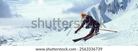 Skier making sharp turn on snowy mountain slope, scattering snow, with dramatic clouds and expansive snowy peaks in distance. Concept of extreme sports, winter sports, tourism, recreation. Ad
