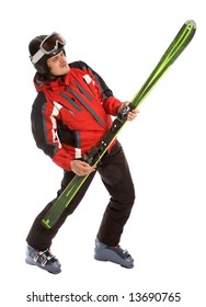 Skier Man Hold Ski Like Rock Guitar And Have Fun