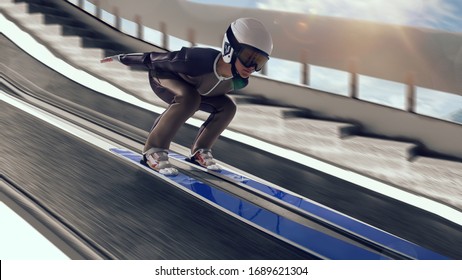 Skier On Ski Jumping Competition.