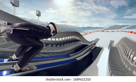 Skier On Ski Jumping Competition.