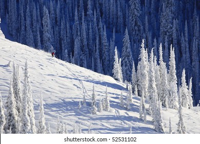 A skier is traveling down a snow covered mountainside already lined with ski tracks. Horizontal shot.