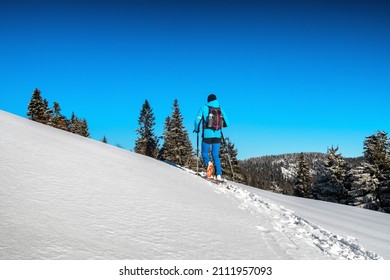 Skier Walking In Snowy Winter Country. Ski Mountaineering In Great Fatra Mountains, Slovakia.