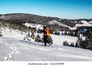 Skier Walking In Snowy Winter Country. Ski Mountaineering In Great Fatra Mountains, Slovakia.