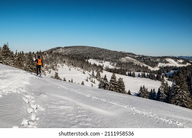 Skier Walking In Snowy Winter Country. Ski Mountaineering In Great Fatra Mountains, Slovakia.