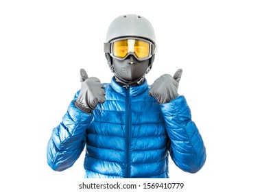 Skier Wearing A Ski Helmet, Google, Gloves And Winter Jacket Isolated On A White Background. Concept Of Skiing, Snowboarding. Winter Sports.