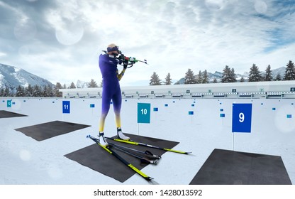 Skier woman in biathlon competitions.