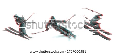 Skiers in motion with glitch visual effect. Snow sports concept. Dynamic poses of skiers. Action winter scene. Sport. Isolated