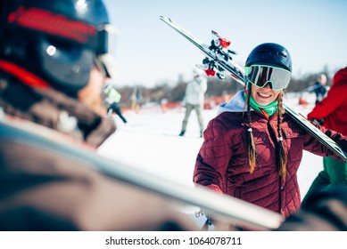 Skiers With Skis And Poles, Extreme Lifestyle