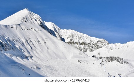 Skiers At The Top Of Big Sky Ski Resort In Montana, USA