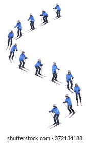 Skiier Demonstrate How To Slide Downhill. Snow Parallel Turns.