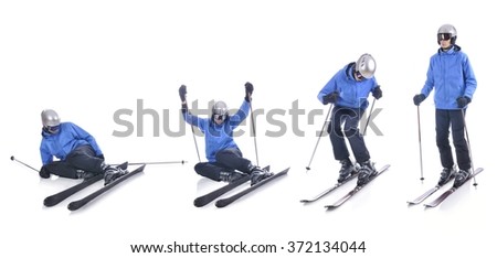 Skiier demonstrate how to stand up in skiing. Step by step instruction.
