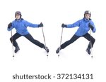 Skiier demonstrate warm up exercise for skiing. Dinamic stretch with sticks.