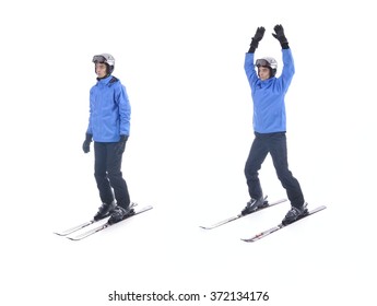 Skiier Demonstrate Warm Up Exercise For Skiing. Jumping Jacks With Skis.