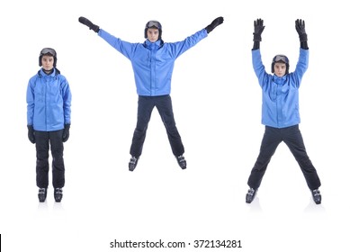 Skiier Demonstrate Warm Up Exercise For Skiing. The Jumping Jacks.