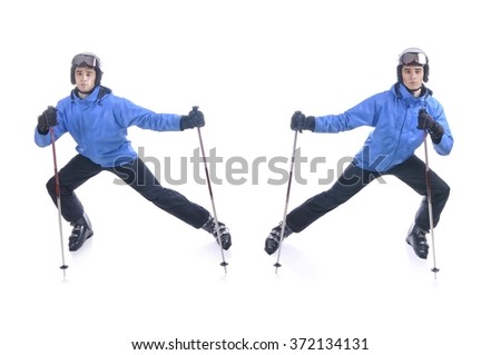 Skiier demonstrate warm up exercise for skiing. Dinamic stretch with sticks.