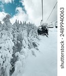 Skiiers on a Ski Lift Over Beautiful Snowy Landscape