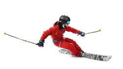 Esquiando En Acción. Deportista Con Traje De Esquí Rojo. Vista Lateral. Alta Velocidad. Aislado