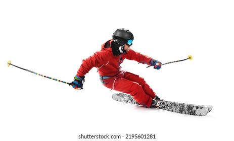 Skiing in action. Sportsman in a red ski suit. Side view. High speed. Isolated