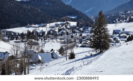 Skiing in Bad Kleinkirchheim, Carinthia - Austria. Winterview with houses, slopes and a blue ski.