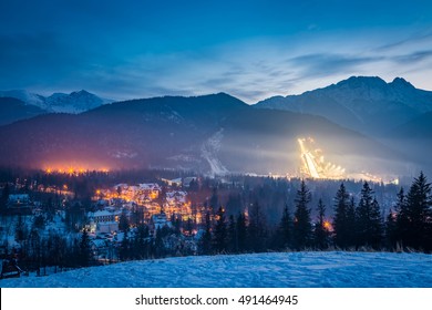 Skiing Competitions In Zakopane At Dusk In Winter, Poland