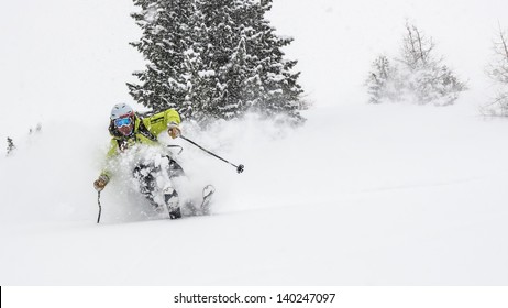 Skiing Deep Powder During Snow Storm.