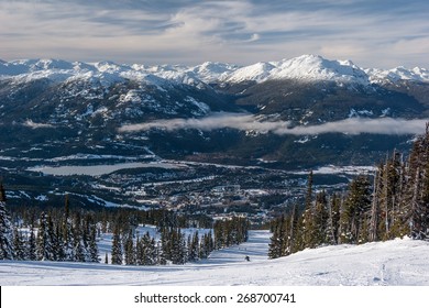 Skiing down to Whistler village from Blackcomb Mountain 
