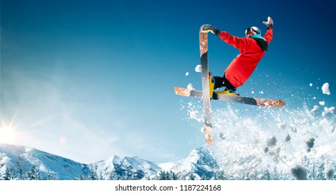 Skiing. Jumping Skier. Extreme Winter Sports.
